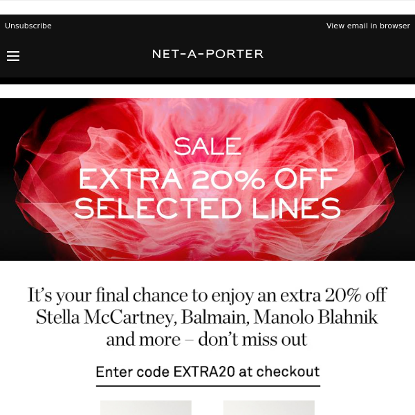 Ends soon: don’t miss an extra 20% off selected lines
