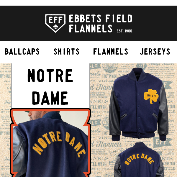 Ebbets Field Flannels University of Notre Dame 1956 Home Jersey
