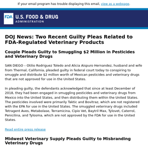 DOJ News: Two Recent Guilty Pleas Related to FDA-Regulated Veterinary Products