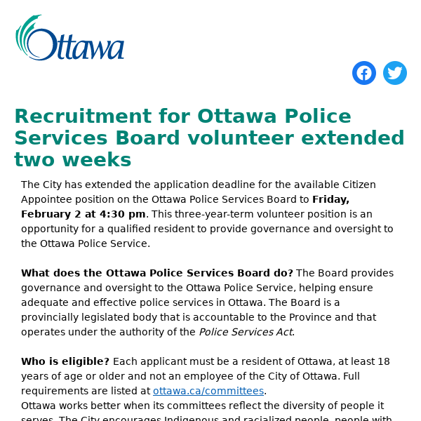 Recruitment for Ottawa Police Services Board volunteer extended two weeks