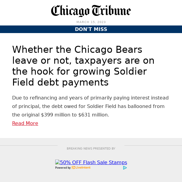 Taxpayers on hook for Soldier Field debt if Bears leave or not