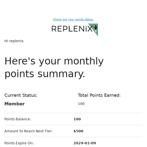 Replenix, view your September Replenix Points summary now.