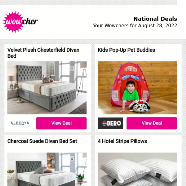 Wowchers for you: Velvet Plush Chesterfield Divan Bed  | Kids Pop-Up Pet Buddies | Charcoal Suede Divan Bed Set | 4 Hotel Stripe Pillows | Smart WiFi Video Intercom Doorbell  from £26.99