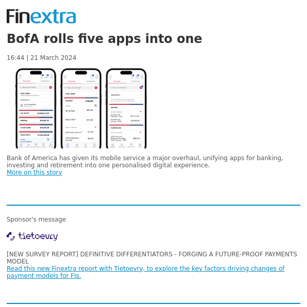 Finextra News Flash: BofA rolls five apps into one