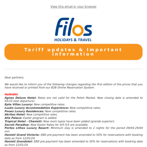 B2B Filos Holidays & Travel | Tariffs update & Important information