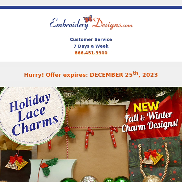 Countdown To Christmas - Holiday Lace Charms $39.99 + Free Design