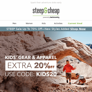 Take an extra 20% off kids’ gear & apparel