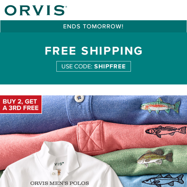 Ends tomorrow! Free shipping, no minimum. Orvis