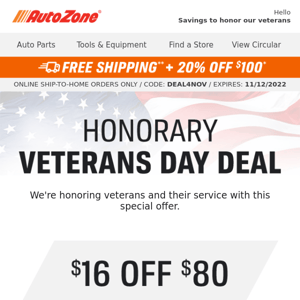 $16 OFF $80 Veterans Day special offer inside