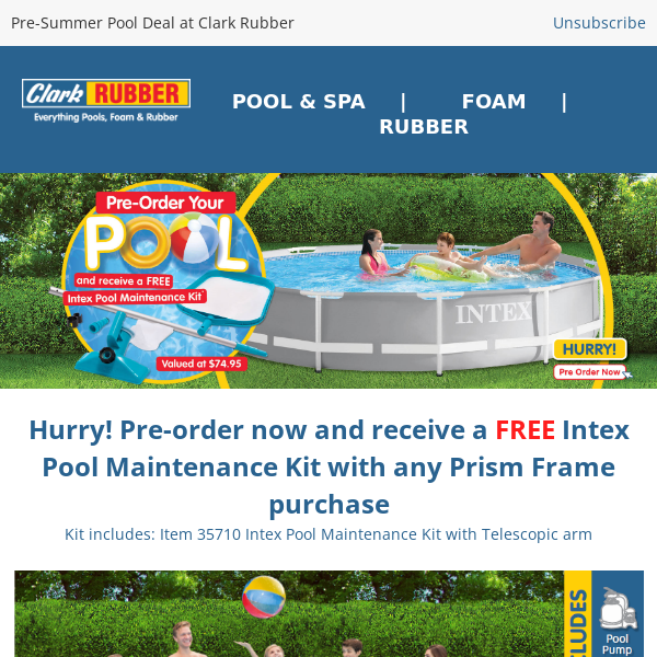 💦 Don't miss out on summer fun! Pre-order your pool and receive a FREE Intex pack at Clark Rubber!