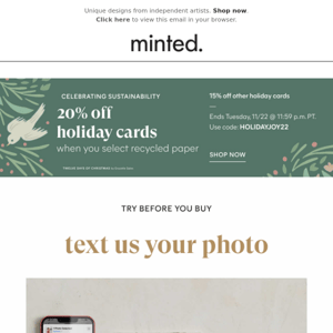 20% off eco-friendly holiday cards + text us your photo for 5 card previews