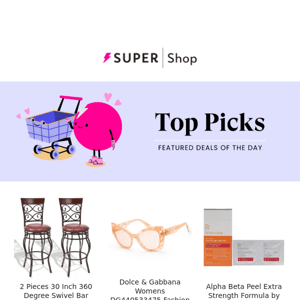 🛍️ Sunday's Top Picks: $131.99 2 Pieces Swivel Bar Stools | $101.99 Dolce & Gabbana Women's Sunglasses | $79.99 Extra Strength Peel by Dr. Dennis Gross & More