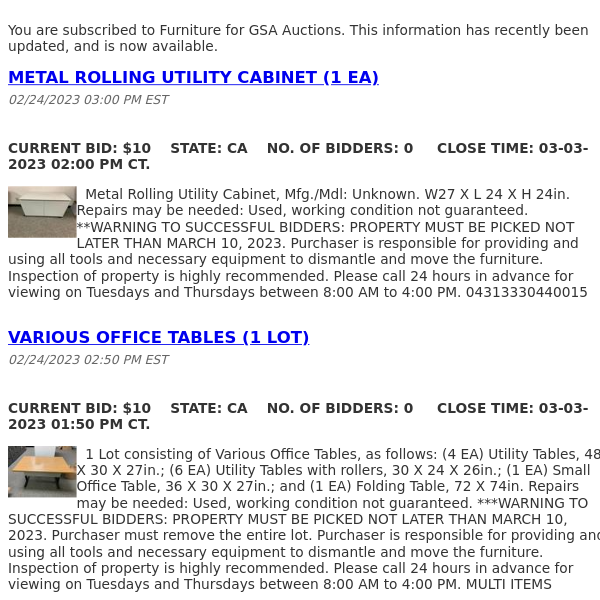 GSA Auctions Furniture Update
