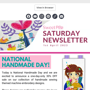 It's National Handmade Day! For one day only get 30% OFF a selection of Handmade/Sewing themed machine embroidery designs