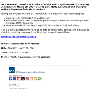 **REMINDER** Register for GSA's Webinar on Current and Emerging Policies Impacting Federal Contractors