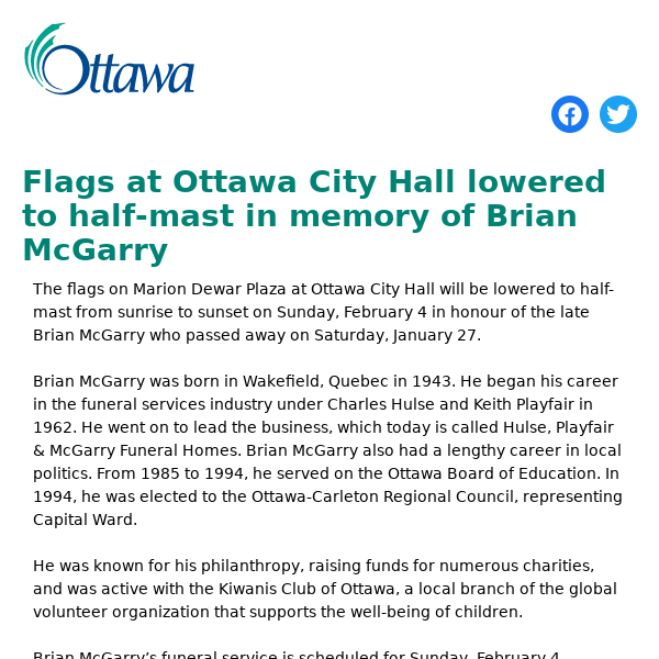 Flags at Ottawa City Hall lowered to half-mast in memory of Brian McGarry