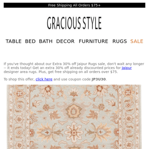 Final day for Extra 30% off Jaipur Rugs | Gracious Style