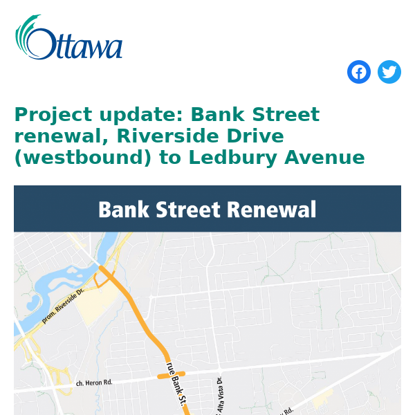 Bank Street renewal, Riverside Drive (westbound) to Ledbury Avenue - Project update (February 2024)