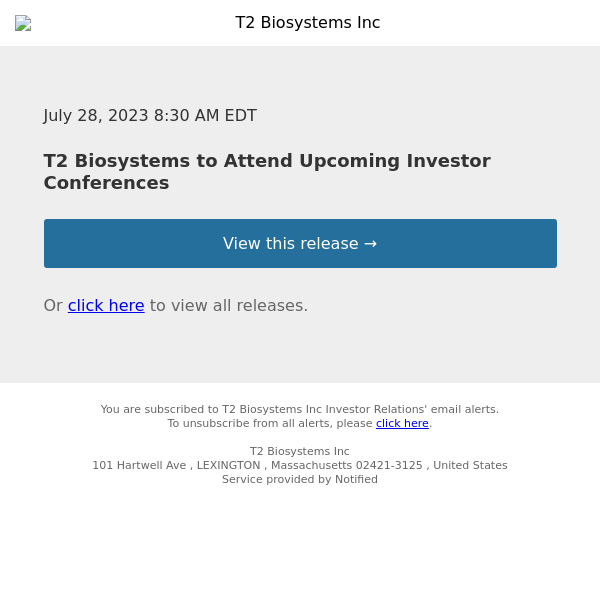 T2 Biosystems to Attend Upcoming Investor Conferences
