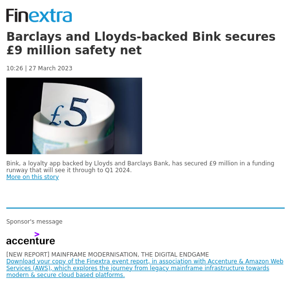 Finextra News Flash: Barclays and Lloyds-backed Bink secures £9 million safety net