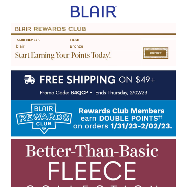 THINK FLEECE & Earn Double Points††!