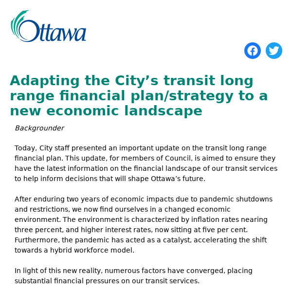 Adapting the City’s transit long range financial plan/strategy to a new economic landscape