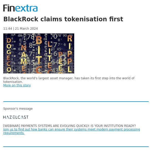 Finextra News Flash: BlackRock claims tokenisation first