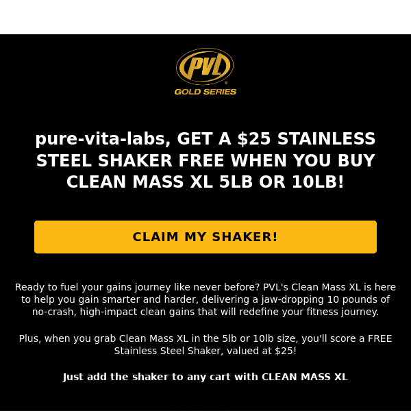 Get Your Free $25 Stainless Steel Shaker with Clean Mass XL Purchase!