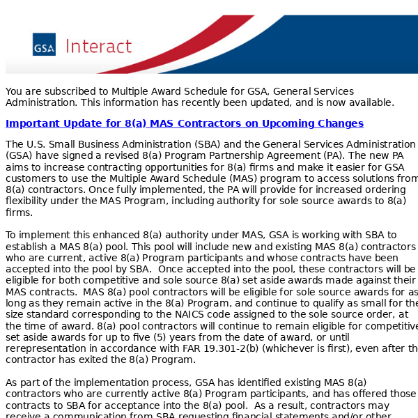 GSA Interact Update: Multiple Award Schedule - Important Update for 8(a) MAS Contractors on Upcoming Changes
