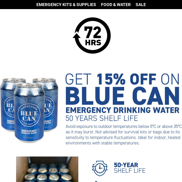 15% Off Blue Can Emergency Drinking Water Launch Sale at 72hours.ca