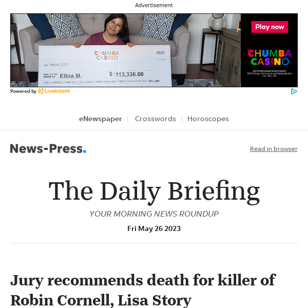 Daily Briefing: Jury recommends death for killer of Robin Cornell, Lisa Story