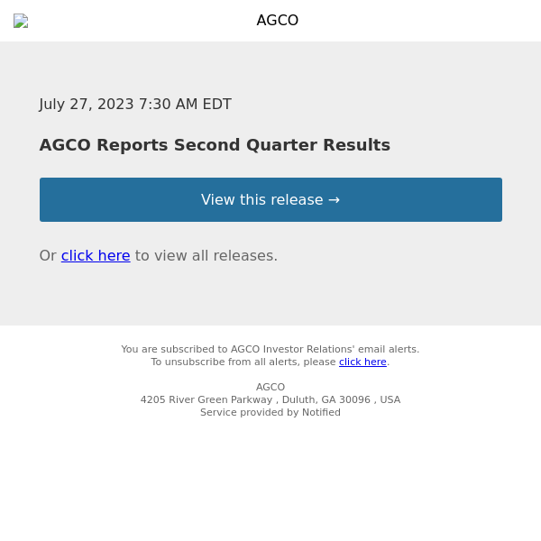 AGCO Reports Second Quarter Results