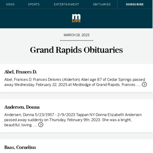 Today's Grand Rapids obituaries for March 18, 2023