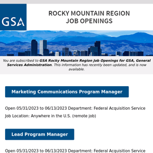 New/Current Job Opportunities in the GSA Rocky Mountain Region