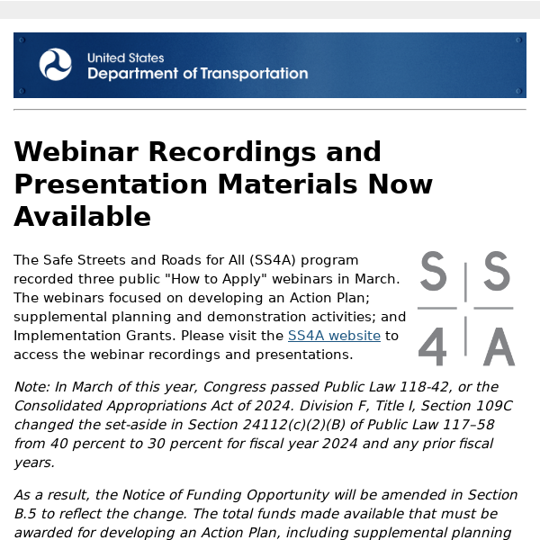 SS4A Webinar Recordings and Presentation Materials Now Available