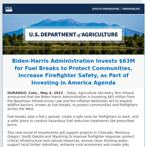 Biden-Harris Administration Invests $63M for Fuel Breaks to Protect Communities, Increase Firefighter Safety, as Part of Investing in America Agenda