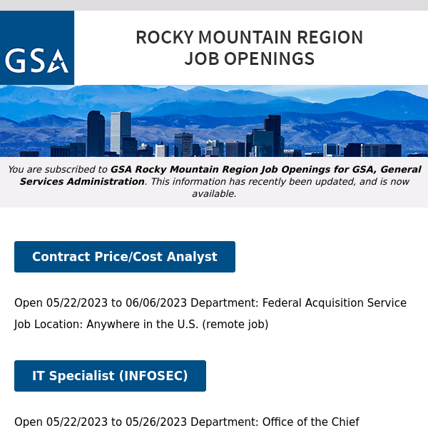 New/Current Job Opportunities in the GSA Rocky Mountain Region