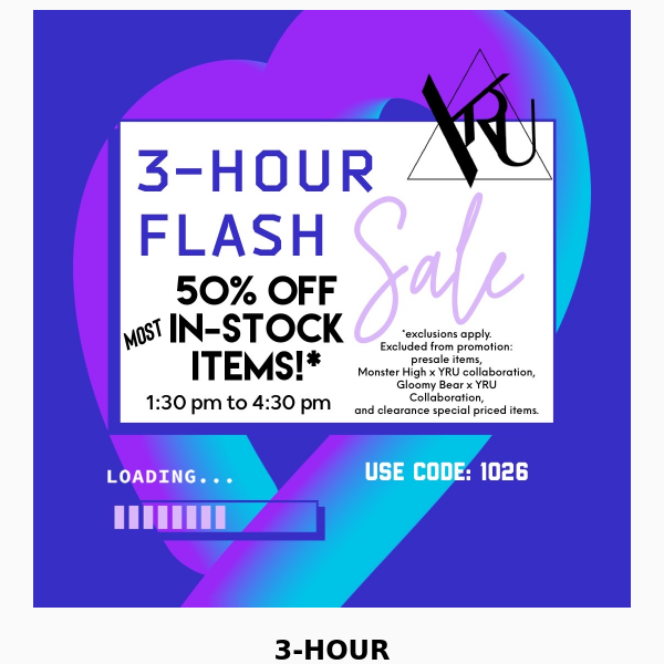 💜 3-HOUR FLASH SALE! 1:30 p.m. to 4:30 p.m. • 50% Off [most] iN-Stock iTEMz!