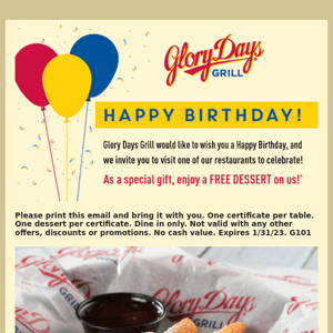 Happy Birthday from Glory Days Grill!