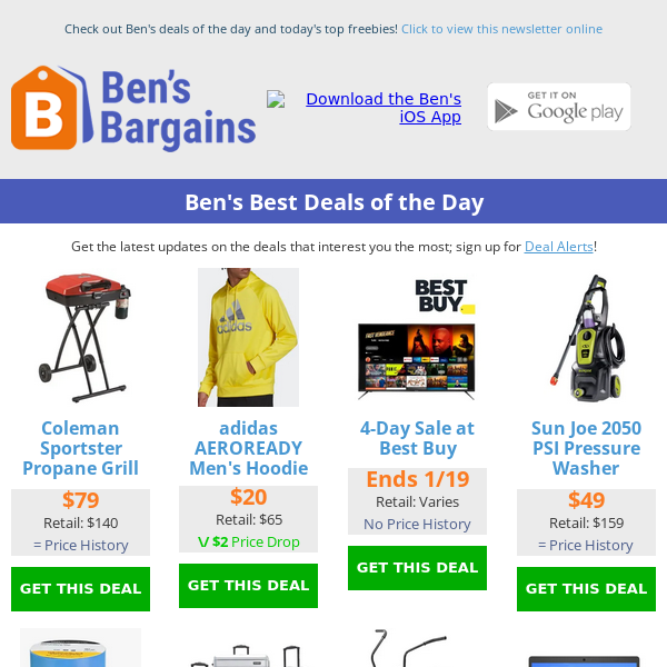 Ben's Best Deals: $20 Adidas Hoodie - $79 Coleman Grill - $3.74 ClipKey Tool - $208 Samsonite Luggage Set
