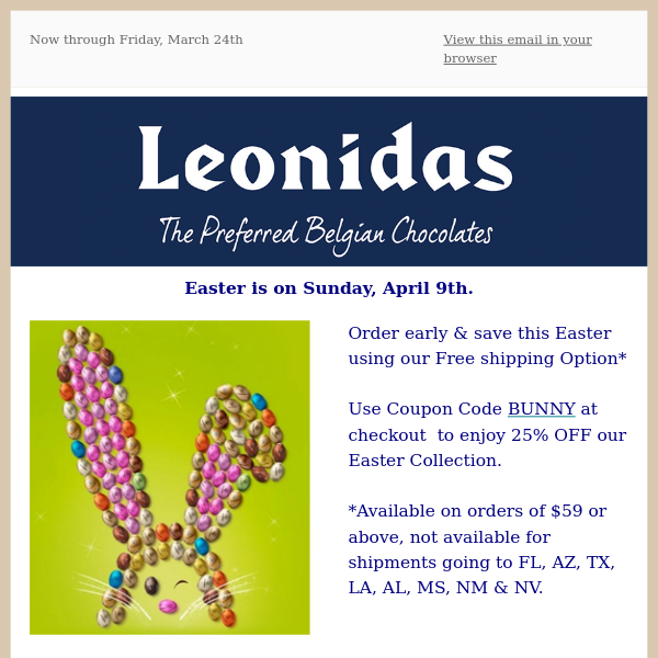 25% OFF Leonidas Easter Collection + Free Shipping*