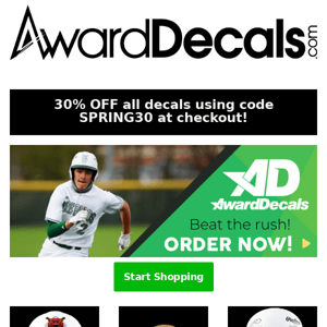30% Off! It's TIME for Spring BALL ⚾ Batting Helmet Decals, Bat Knob Decals, Award Decals and Much More!!