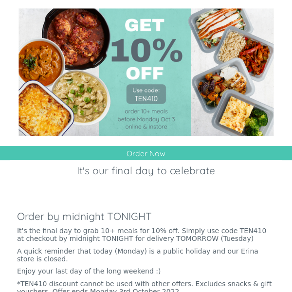 LAST CHANCE: 10+ Meals 10% off