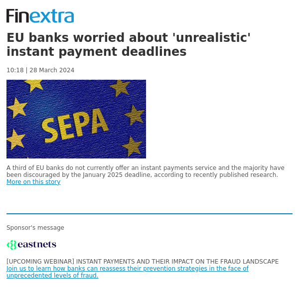 Finextra News Flash: EU banks worried about 'unrealistic' instant payment deadlines