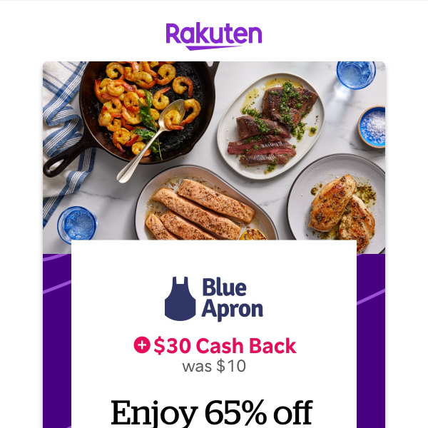 Blue Apron: $30 Cash Back + Enjoy 65% off