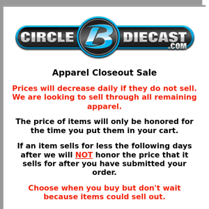 Apparel Closeout Sale 3/8