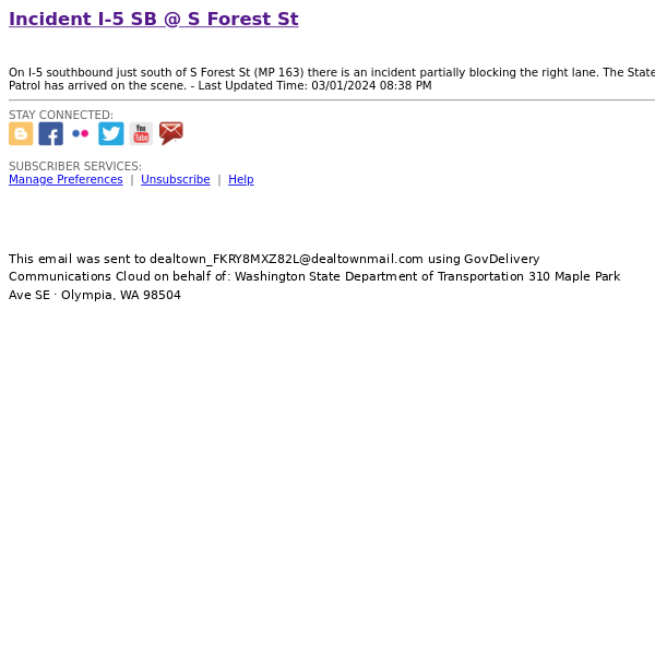 Incident I-5 SB @ S Forest St