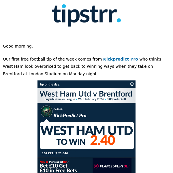 Free football tip to kick off the new week