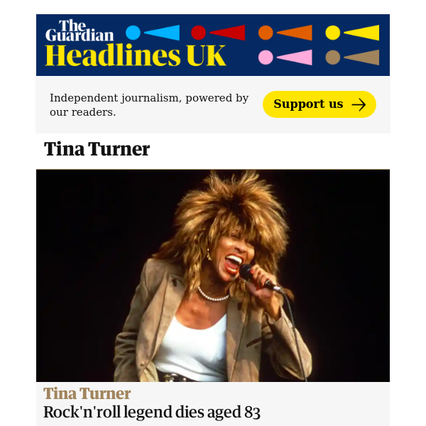The Guardian Headlines: Tina Turner: legendary rock’n’roll singer dies aged 83