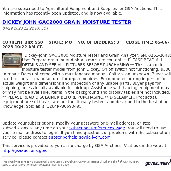 GSA Auctions Agricultural Equipment and Supplies Update